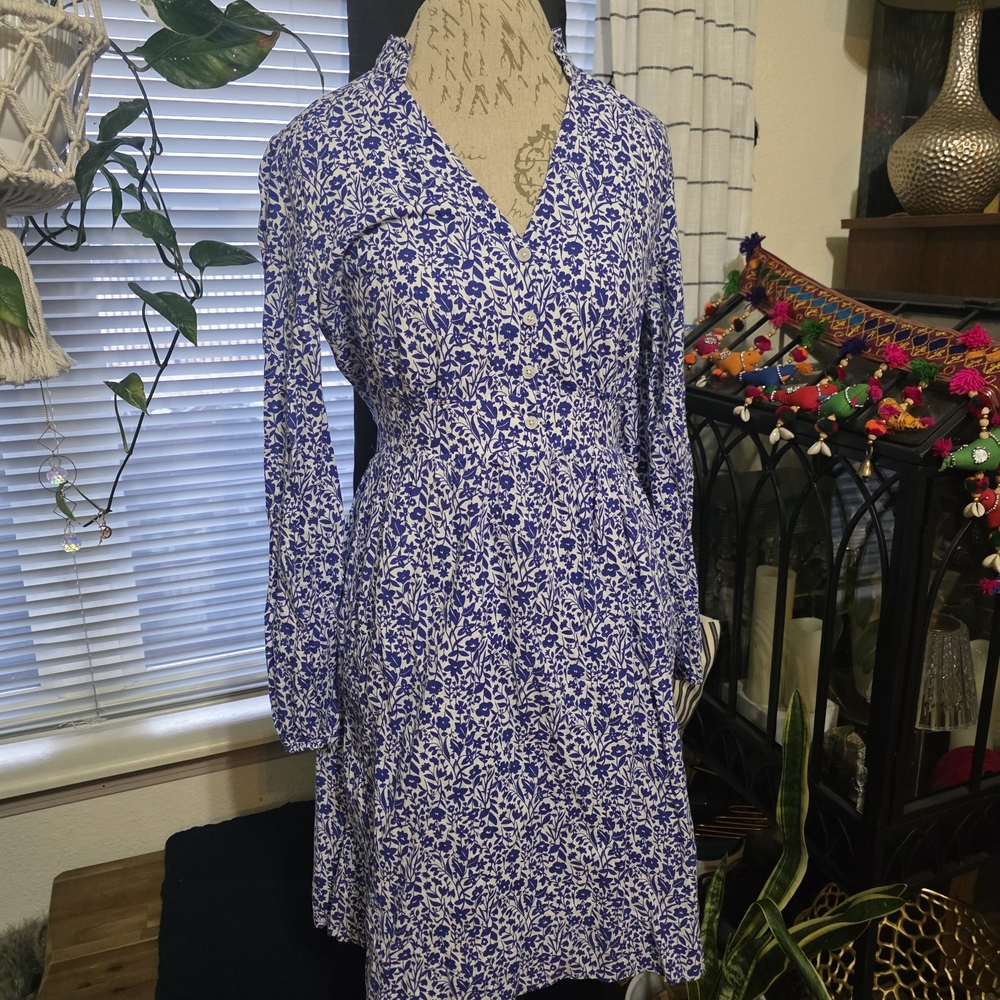 Boden Long Sleeve Blue Floral Cotton Cottage Summer Dress